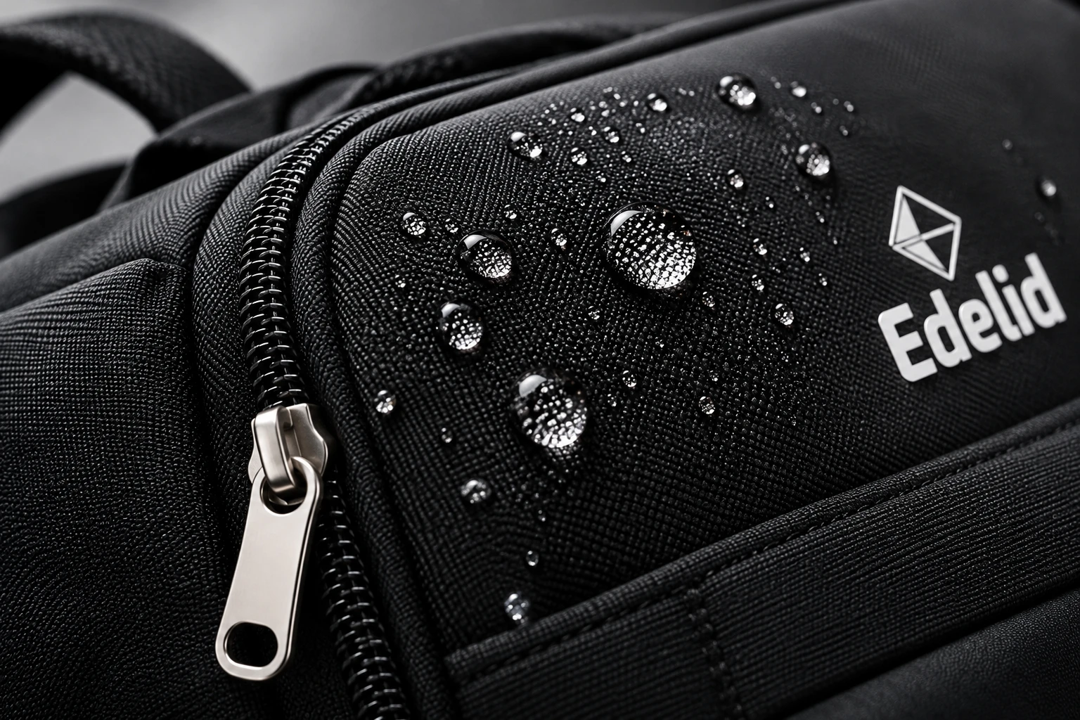 Detalle de tejido de mochila Edelid con gotas de agua